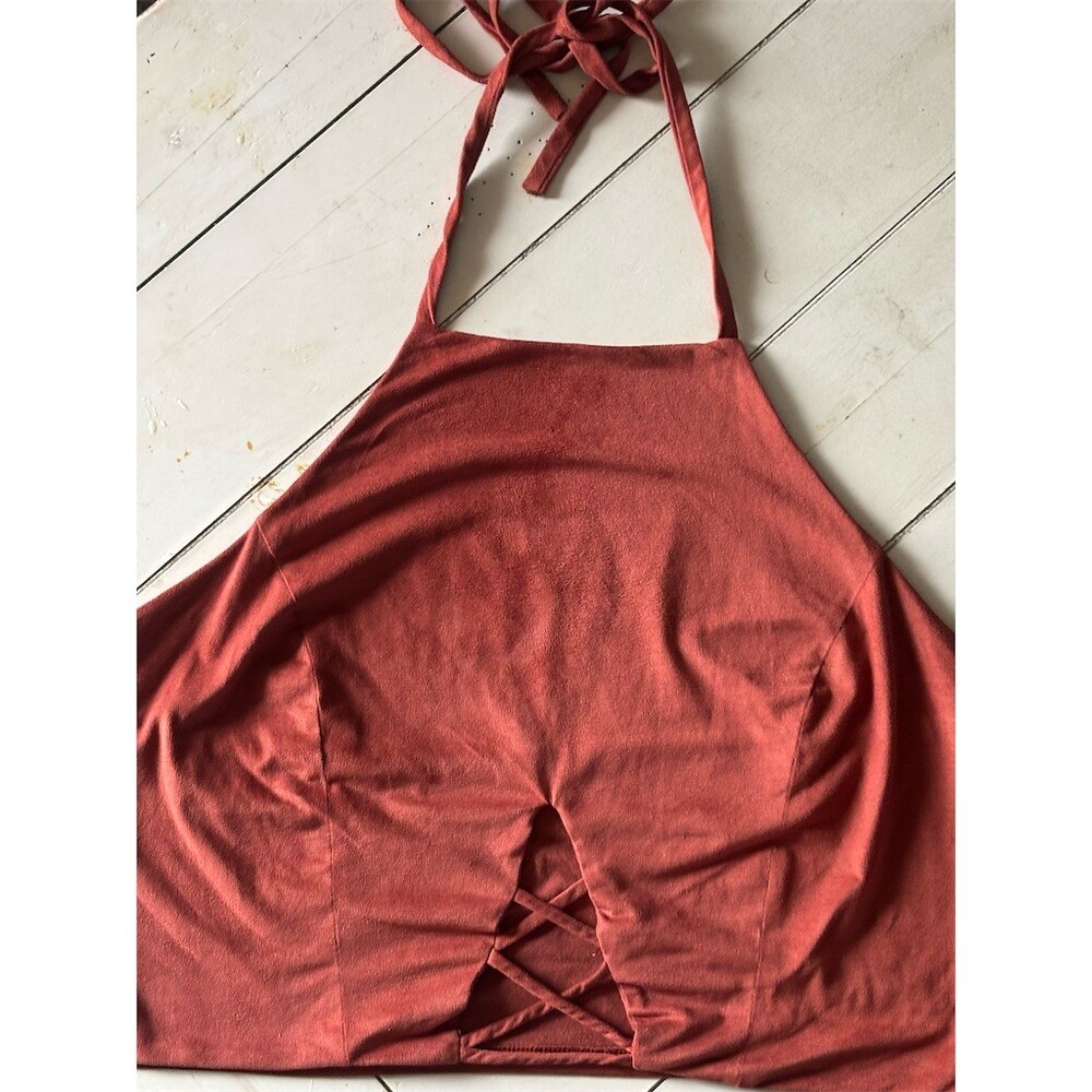 Unknown  Tank Top Womens Size S Orange Halter Cropped Lace-Up Backless